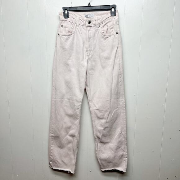 Zara High Rise Straight Leg Womens Pink Jeans Size 4 Button Fly 5-Pocket Raw Hem - Picture 1 of 12